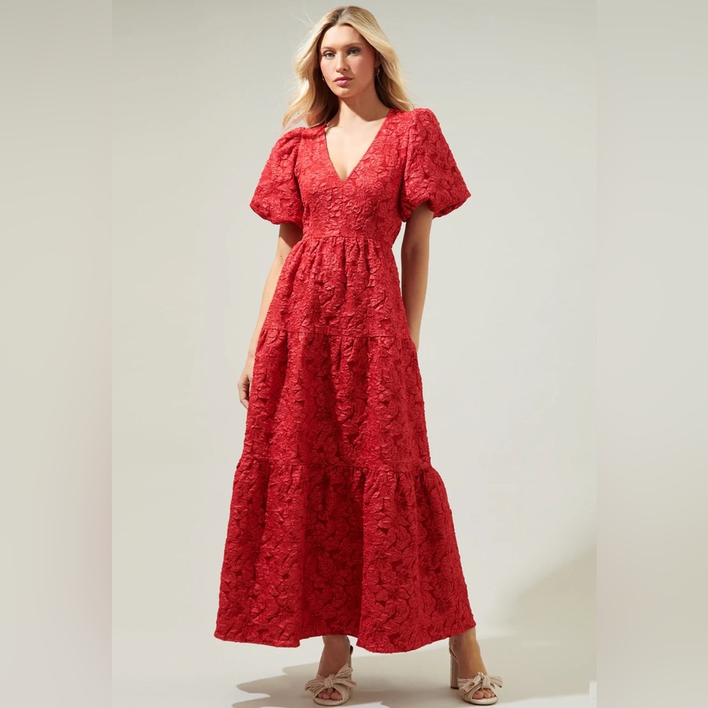 SugarLips Puffed-Sleeve Floral Jacquard Tiered Long Dress